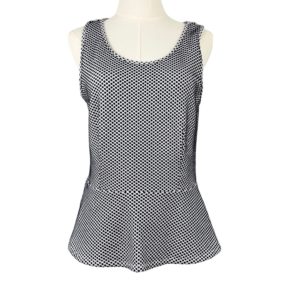 Ann Taylor Womens Polka Dot Peplum Top Black White Sleeveless Scoop Neck Size‎ M